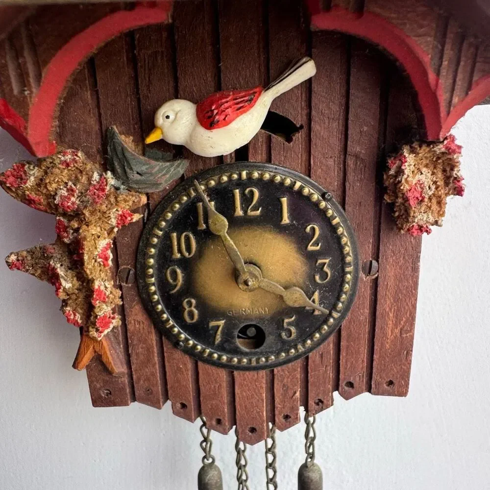 Vintage German Black Forest Cuckoo Clock Floral Folk Art Small Wall Decor